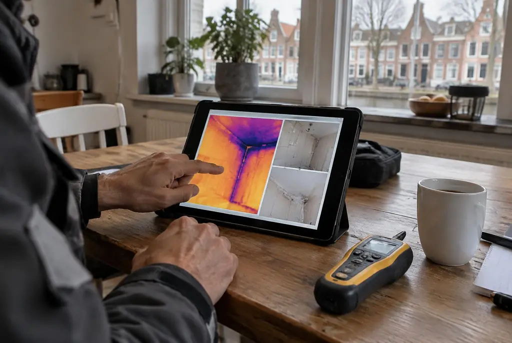 Lekdetectie Leersum – lekdetectierapport met warmtebeelden en foto's op een tablet