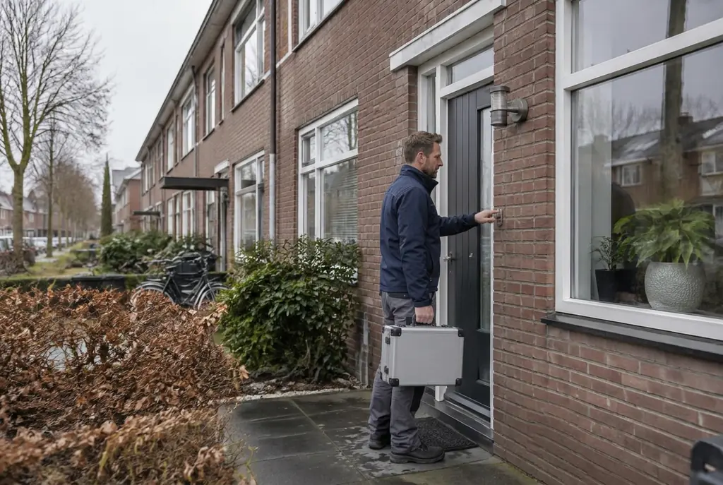 Lekdetectiespecialist met meetkoffer bij de voordeur van een woning in Leersum